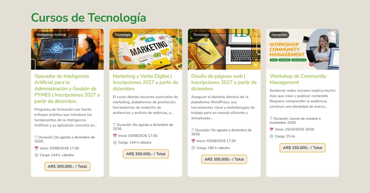 Technology courses section with course cards showing duration, start date, workload and price