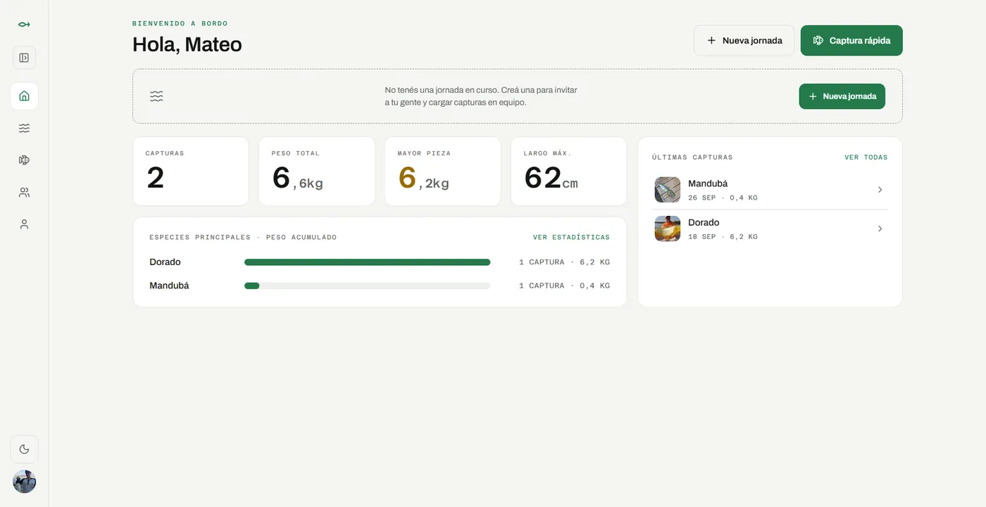 Pesca Club dashboard with catches, total weight and top species